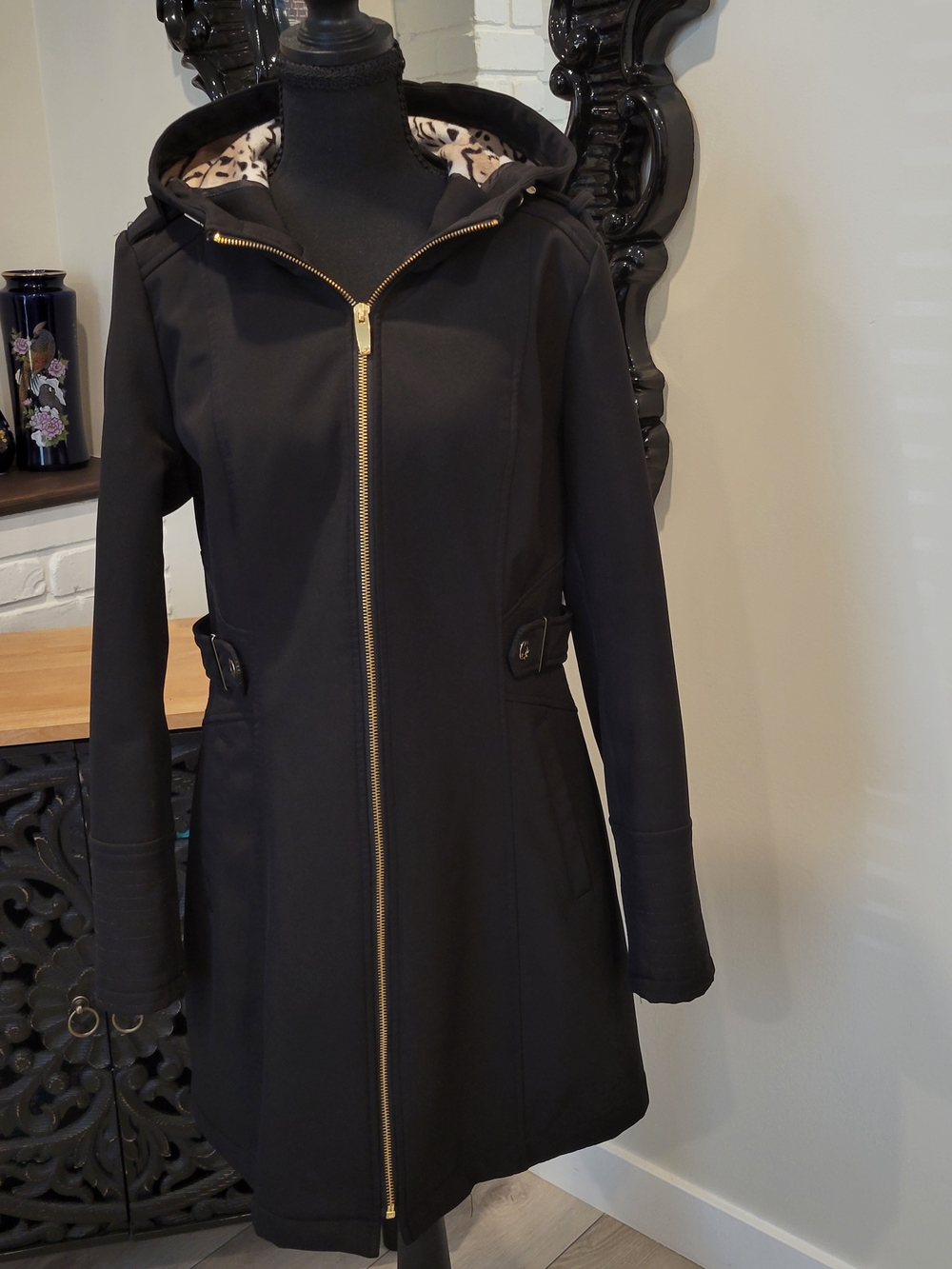 Via Spiga Black Hooded Trench Coat with Gold Zip
